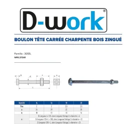 25 Boulons Charpente Bois Tête Carrée 16 x 225 mm - NFE 27341 - Zingué blanc --D-Work Discount