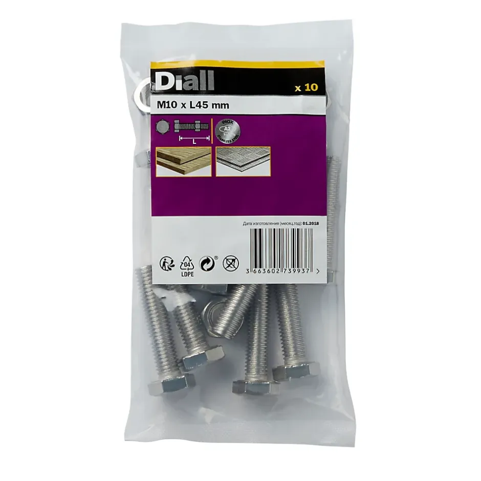 10 boulons tête héxagonale inox 10 x 45 mm-Diall New