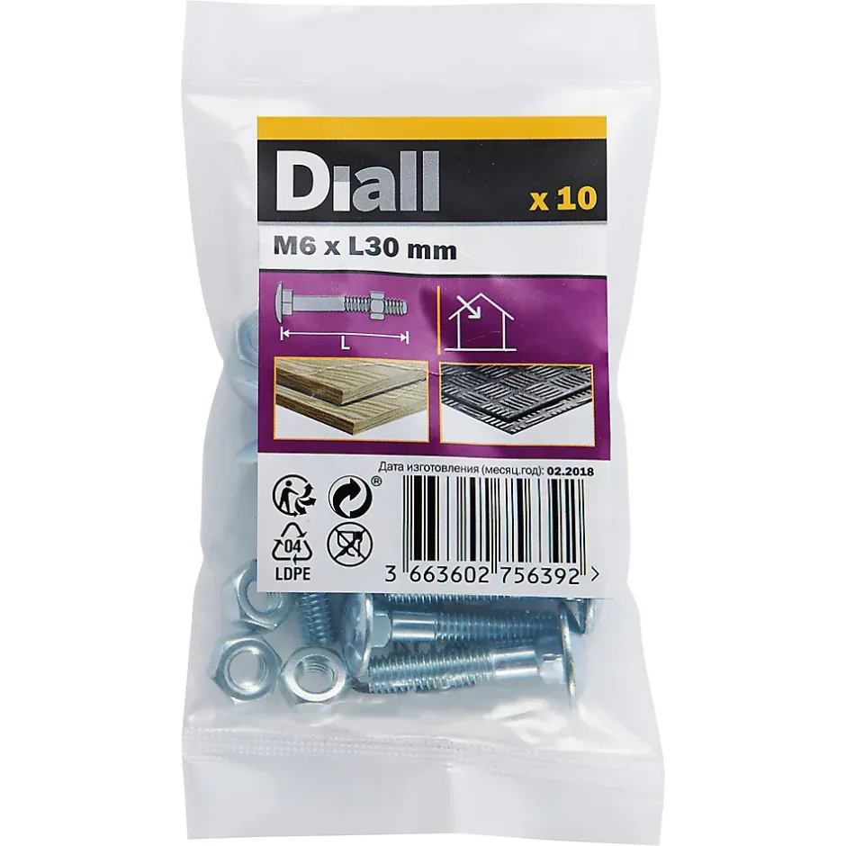 10 boulons tête ronde collet carré 6 x 30 mm^Diall New