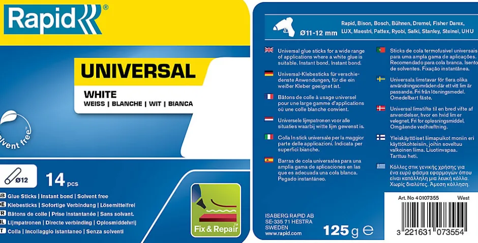 14 Bâtons de colle blanche universelle 12 mm 125 G-Rapid