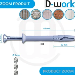 600 Chevilles à Frapper NHS D. 5 x Lt. 45 mm avec Vis Tête Fraisée (en seau) --D-Work Best