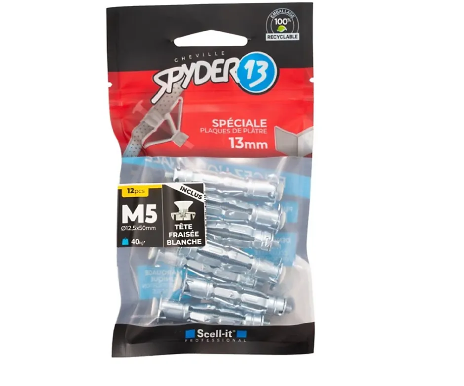 12 chevilles corps creux acier zingué Spyder M5 13mm + vis tête fraisée blanche-Scell-It Best