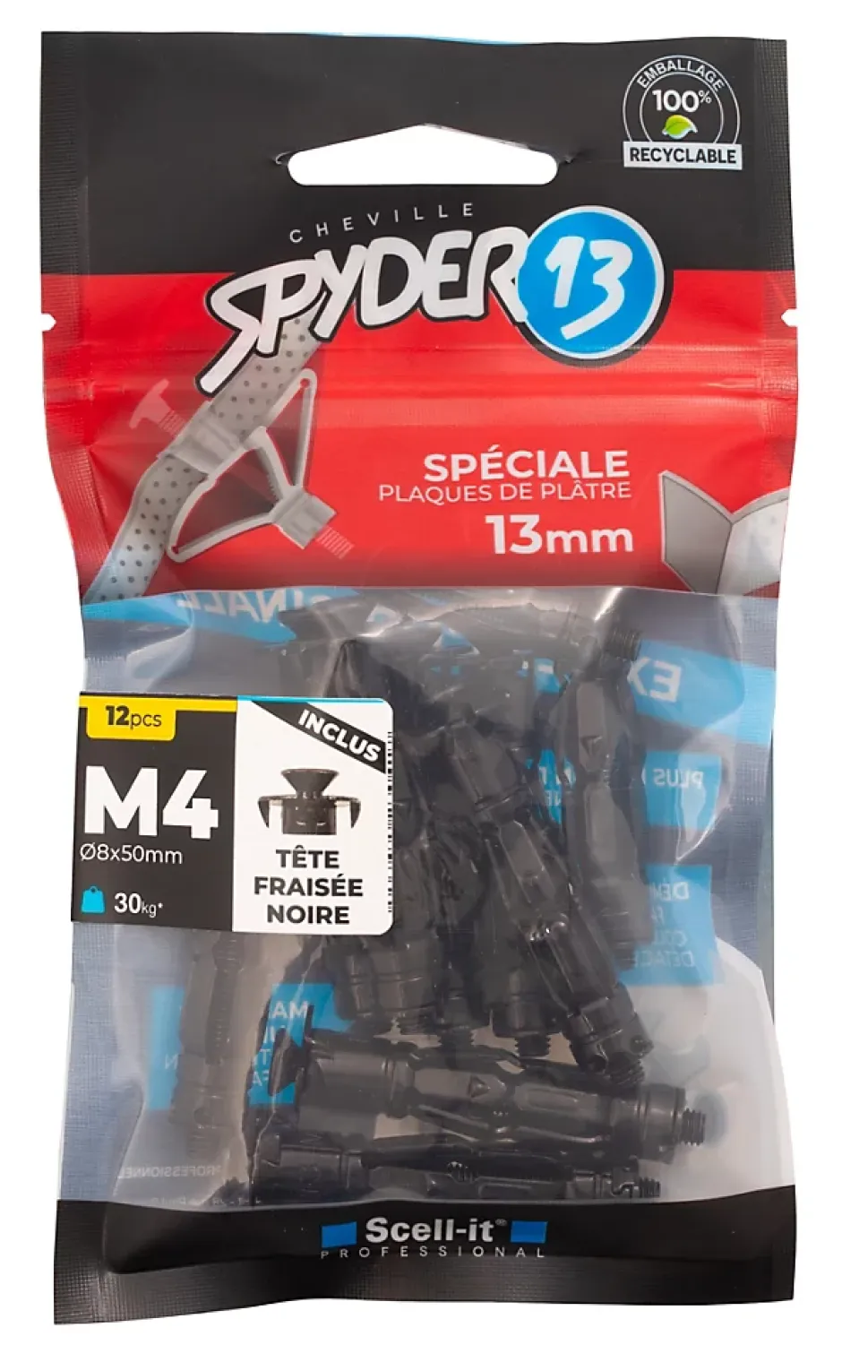 12 chevilles corps creux acier zingué Spyder M4 13mm + vis tête fraisée noires-Scell-It Best