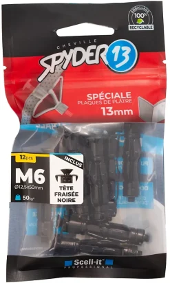 12 chevilles corps creux acier zingué Spyder M6 13mm + vis tête fraisée noires^Scell-It Clearance