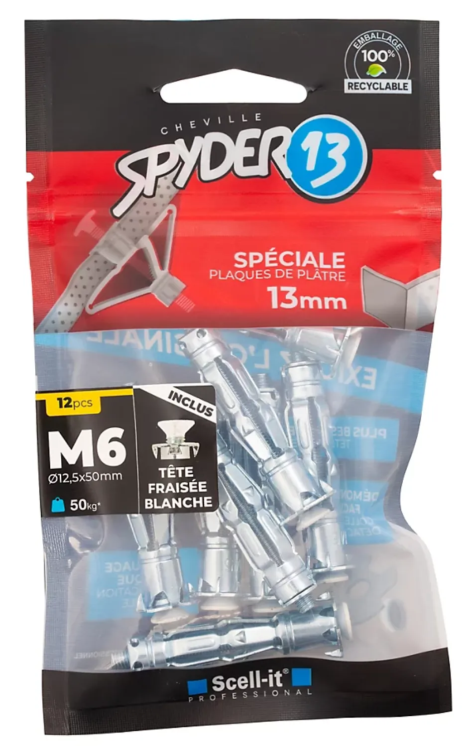 12 chevilles corps creux acier zingué Spyder M6 13mm + vis tête fraisée blanches^Scell-It Best