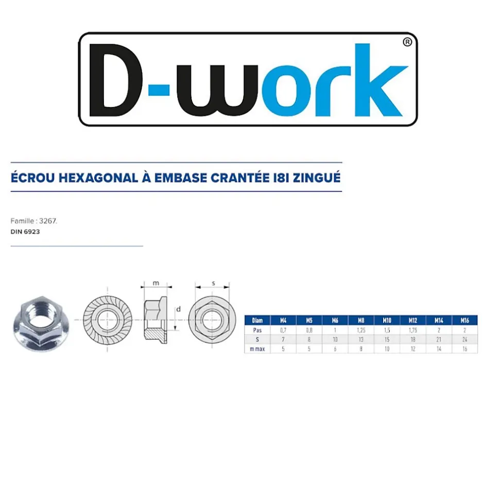 50 Ecrous Hexagonaux à Embase Crantée M16 mm - DIN 6923 - 8 - Zingué blanc --D-Work