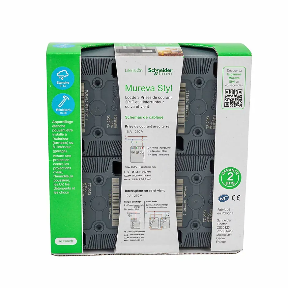 3 prises avec terre + 1 interrupteur va-et-vient Mureva Styl gris anthracite, lot-Schneider Electric New