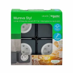 3 prises avec terre + 1 interrupteur va-et-vient Mureva Styl gris anthracite, lot-Schneider Electric New