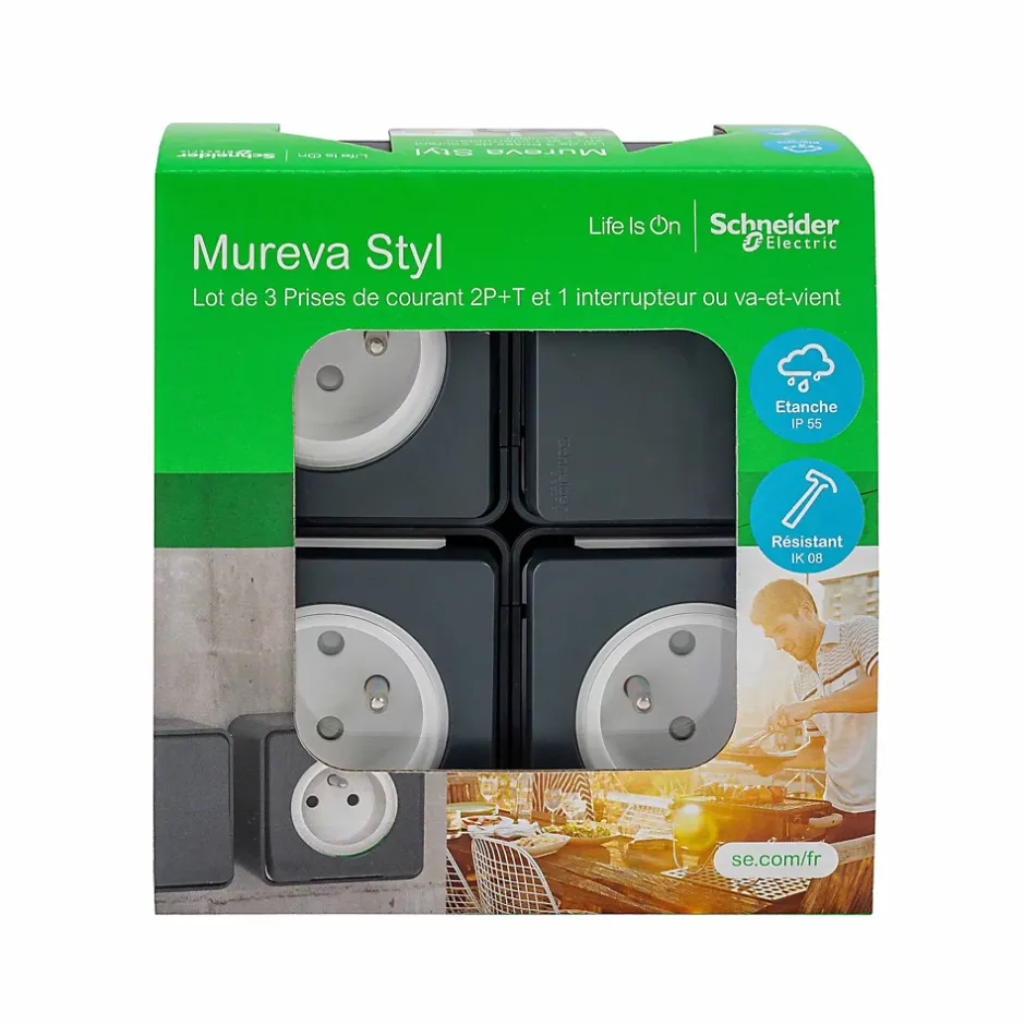3 prises avec terre + 1 interrupteur va-et-vient Mureva Styl gris anthracite, lot-Schneider Electric New