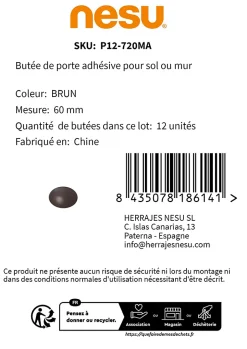 12 Un. Butée de porte adhésive en caoutchouc pour parquet et mur de couleur marron - Diamètre 60MM^Nesu New