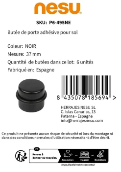 6 Un. Butée de porte adhésive en bois laqué noir - Diamètre 37MM-Nesu Discount