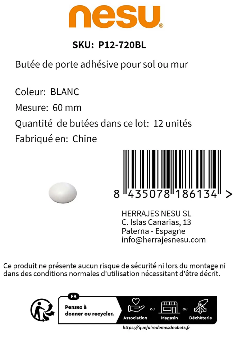 12 Un. Butée de porte en caoutchouc adhésif pour parquet et mur, blanc - Diamètre 60MM^Nesu Outlet