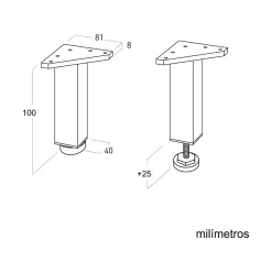 4 un. Pied carré pour meuble en aluminium 40x40mm hauteur 100mm aluminium mat avec régulateur de nivellement-Nesu Hot