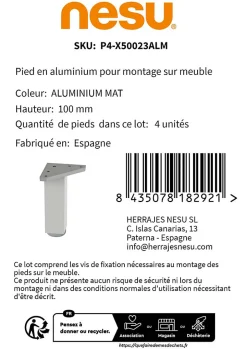 4 un. Pied carré pour meuble en aluminium 40x40mm hauteur 100mm aluminium mat avec régulateur de nivellement-Nesu Hot