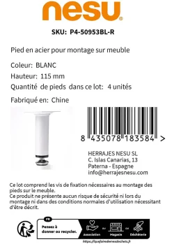 4 un. Pied de meuble rond en acier, diamètre 30 mm, hauteur 100 mm, peinture blanche avec régulateur de nivellement 15-25 mm-Nesu New