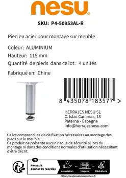 4 un. Pied rond pour meuble en acier, diamètre 30 mm, hauteur 100 mm, peinture aluminium avec régulateur de nivellement 15-25 mm-Nesu New