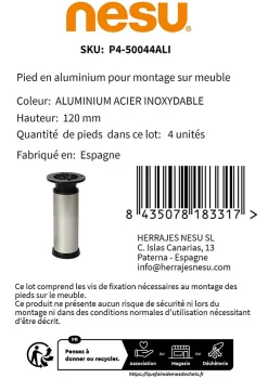 4 un. Pied rond pour meuble en aluminium diamètre 40mm hauteur 120mm inox avec régulateur de hauteur supérieur^Nesu Hot