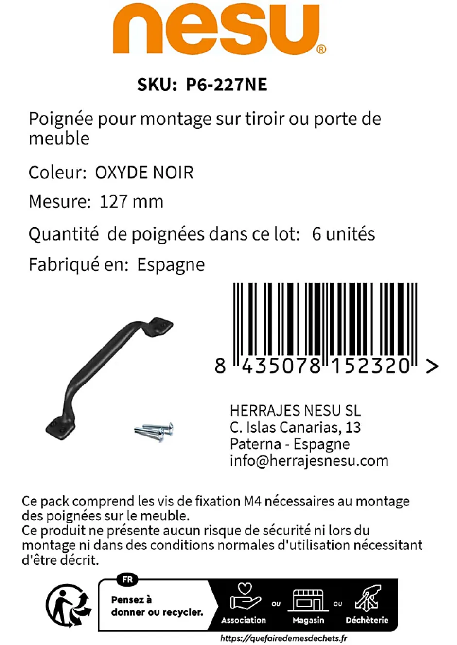6 Un. poignées de meuble en noir rouille tiroir classique - entraxe 96MM-Nesu Clearance