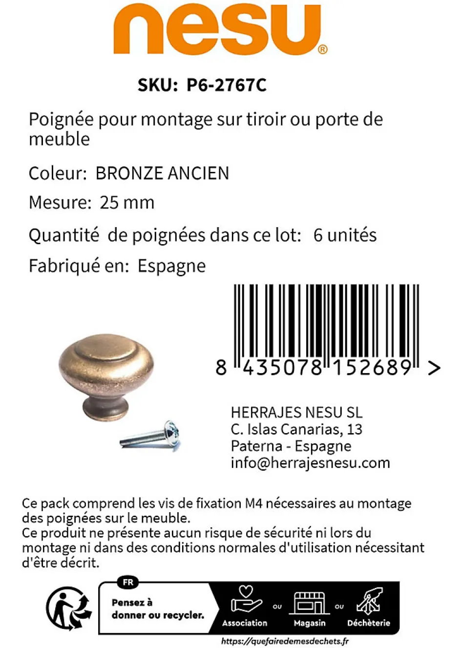 6 Un. poignées de meuble en laiton mat pour tiroir - diamètre 25MM-Nesu Outlet