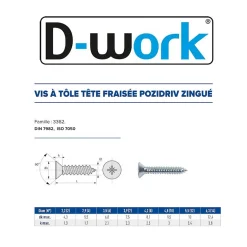 250 Vis à Tôle Tête Fraisée Pozidriv 4.8 x 50.8 mm - DIN 7982 - Zingué blanc --D-Work New