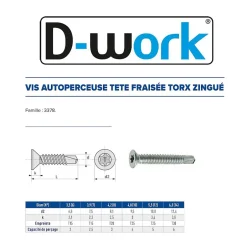 500 Vis Autoperceuses Tête Fraisée Torx 4.2 x 12.7 mm - Zingué blanc --D-Work Online