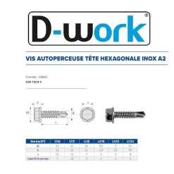 100 Vis Autoperceuses Tête Hexagonale 6.3 x 19 mm - DIN 7504 K - Inox A2 -^D-Work Hot