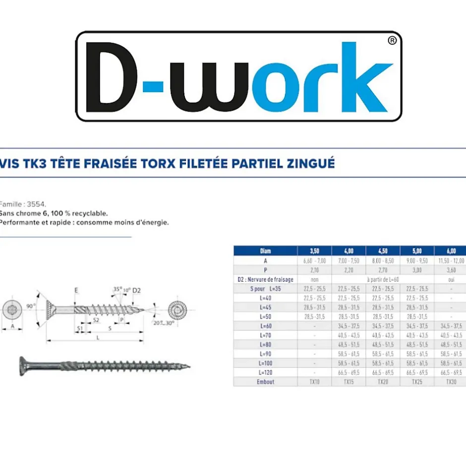 100 Vis Bois TK3 Tête Fraisée Crantée Torx F/Partiel 6 x 100 mm - Zingué blanc -^D-Work Hot