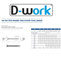 250 Vis Bois TK3 Tête Fraisée Crantée Torx F/Total 6 x 50 mm - Zingué blanc --D-Work Best