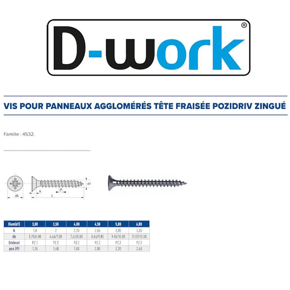 500 Vis Bois Tête Fraisée Pozidriv 3.5 x 25 mm - Zingué blanc --D-Work Best