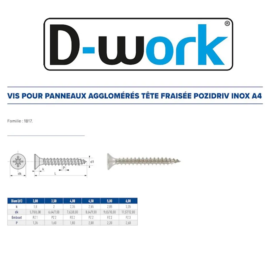 200 Vis Bois Tête Fraisée Pozidriv 4 x 45 mm - Inox A4 --D-Work