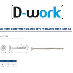 50 Vis Bois Tête Fraisée Torx T40 8 x 120 mm - Inox A2 -^D-Work New