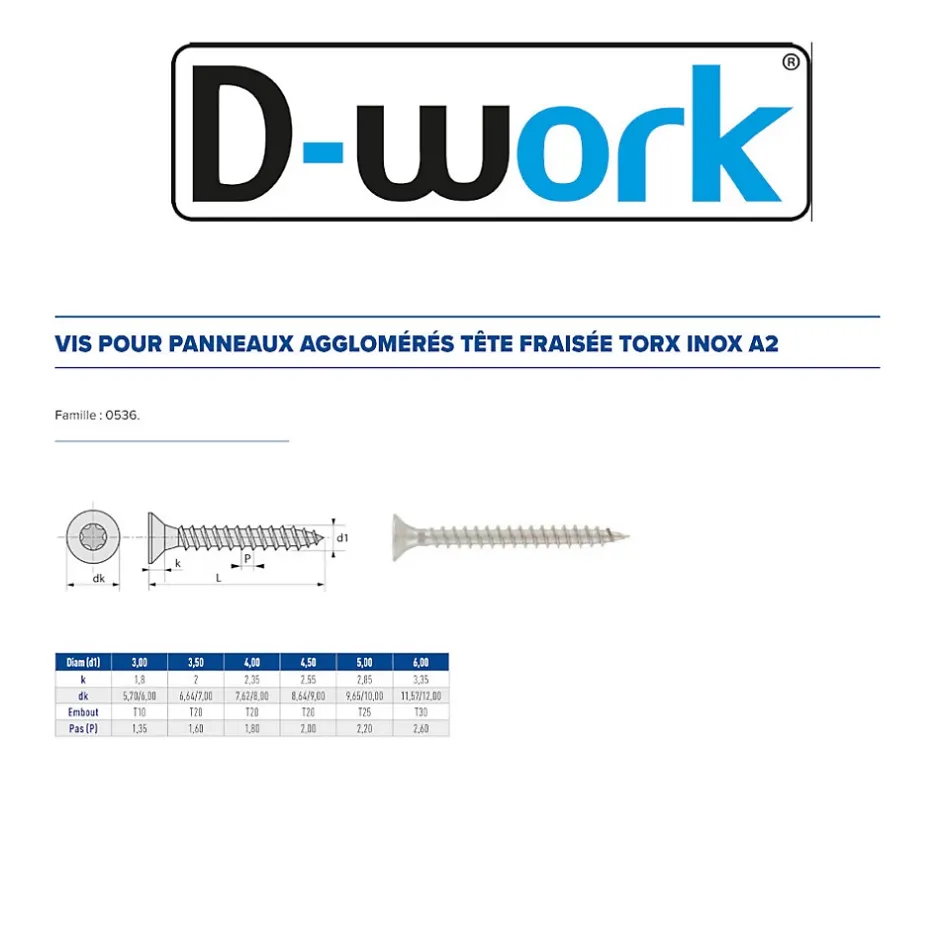 200 Vis Bois Tête Fraisée Torx T20 4 x 16 mm - Inox A2 -^D-Work Online