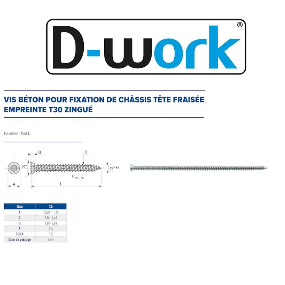 100 Vis Béton d'Ancrage Tête Fraisée Torx T30 7.5 x 152 mm - Zingué blanc -^D-Work Clearance