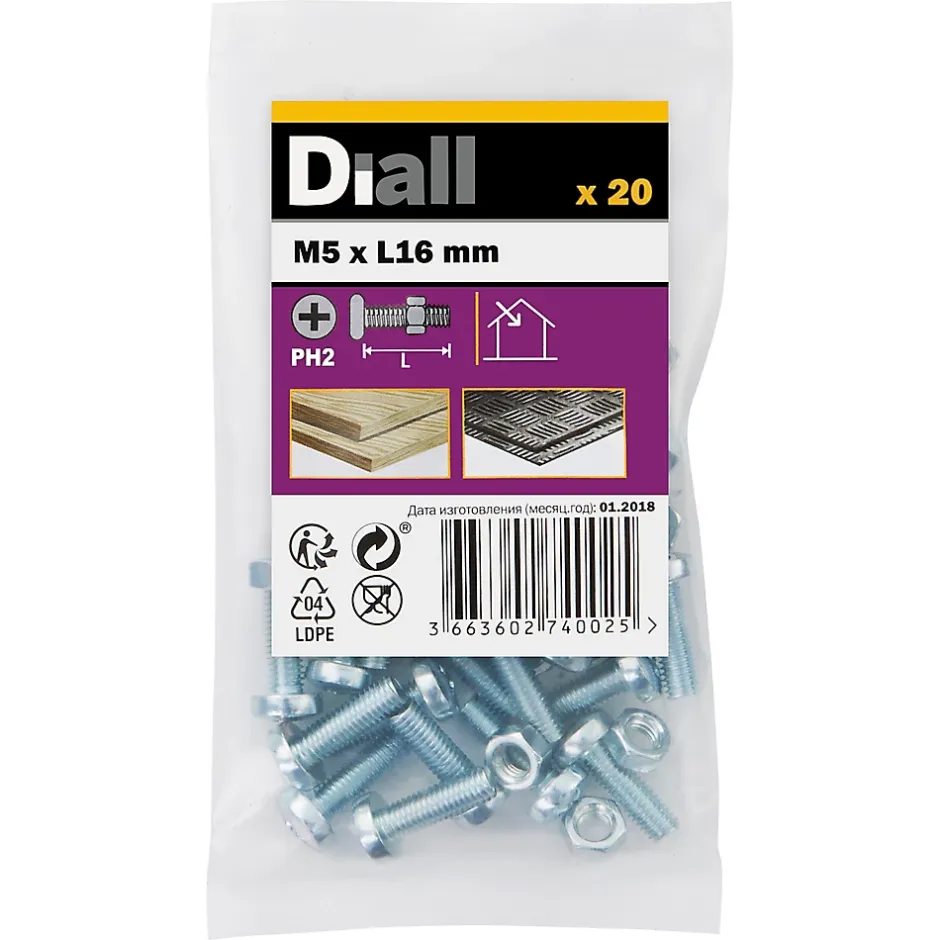 20 vis métaux acier zingué 5 x 16 mm^Diall New