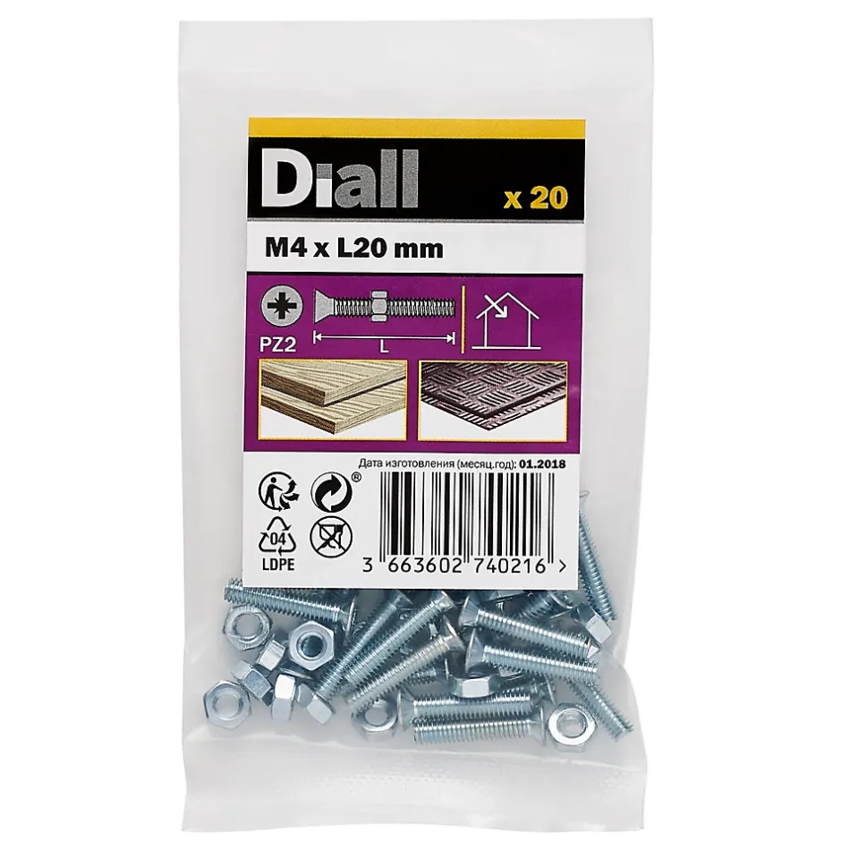 20 vis métaux acier zingué 4 x 20 mm^Diall New