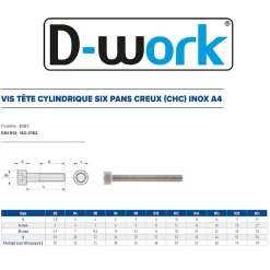 10 Vis Métaux Tête Cylindrique 6 Pans Creux CHC 20 x 120 mm - DIN 912 - Inox A4 -^D-Work Discount