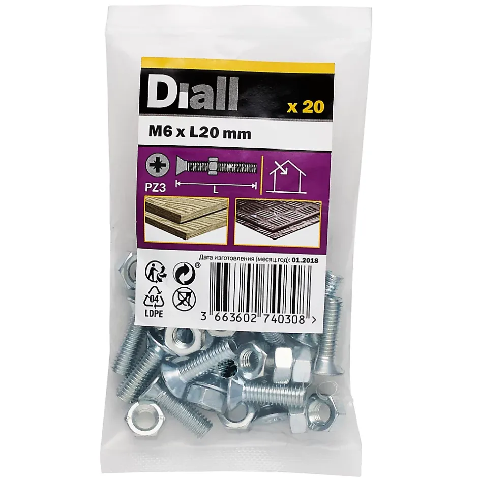 20 vis métaux tête fraisée acier zingué 6 x 20 mm-Diall New