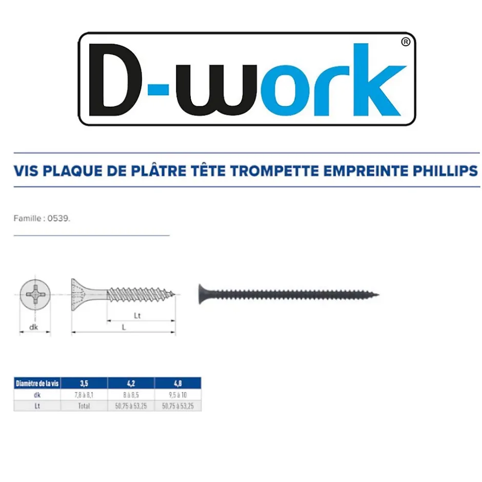 1000 Vis Plaque de Plâtre Trompette Phillips D. 3.5 x 35 mm - Phosphaté noir -^D-Work New