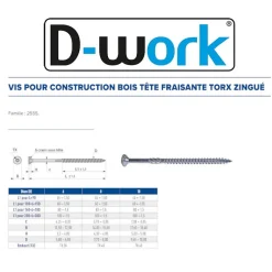 50 Vis pour Construction Bois Tête Fraisante Torx T40 10 x 240 mm - Zingué blanc --D-Work