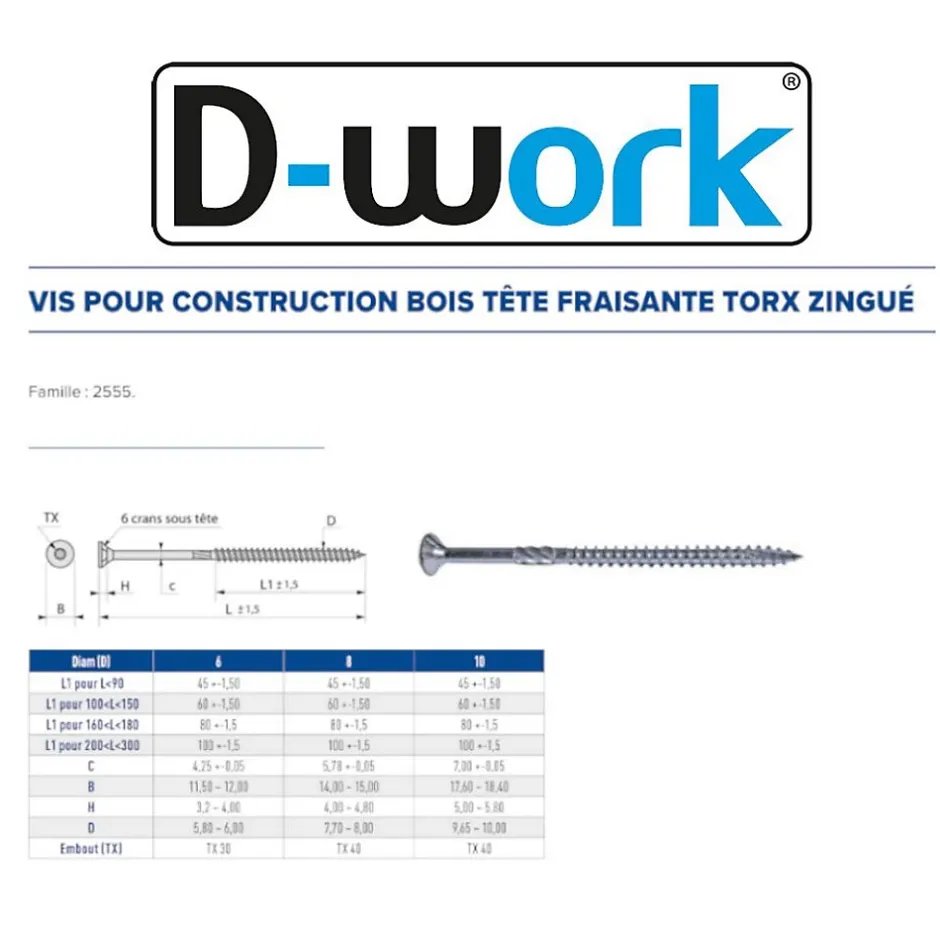 50 Vis pour Construction Bois Tête Fraisante Torx T40 10 x 240 mm - Zingué blanc --D-Work