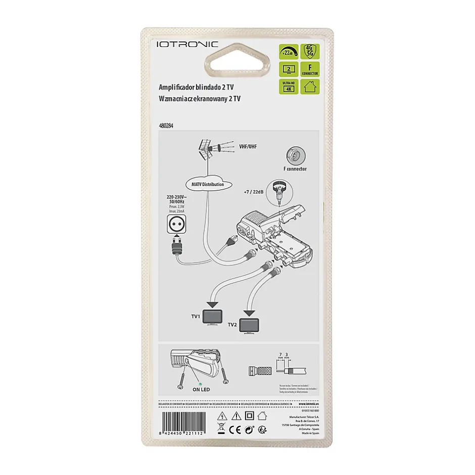 Amplificateur TV 22dB 2 TV 4G/5G, connexion F, gain réglable^