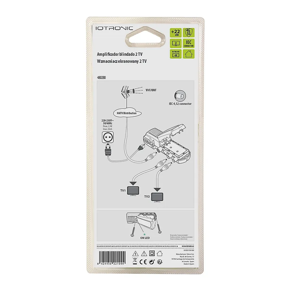 Amplificateur TV 22dB 2 TV 4G/5G, connexion IEC- Hot