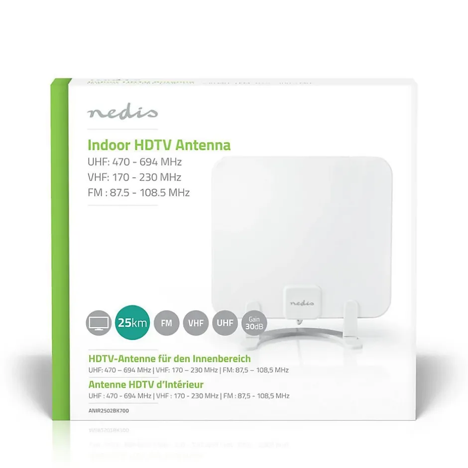 Antenne HDTV d'Intérieur 0 - 25 km Gain de 30 dB FMVHFUHF Blanche^Nedis Discount