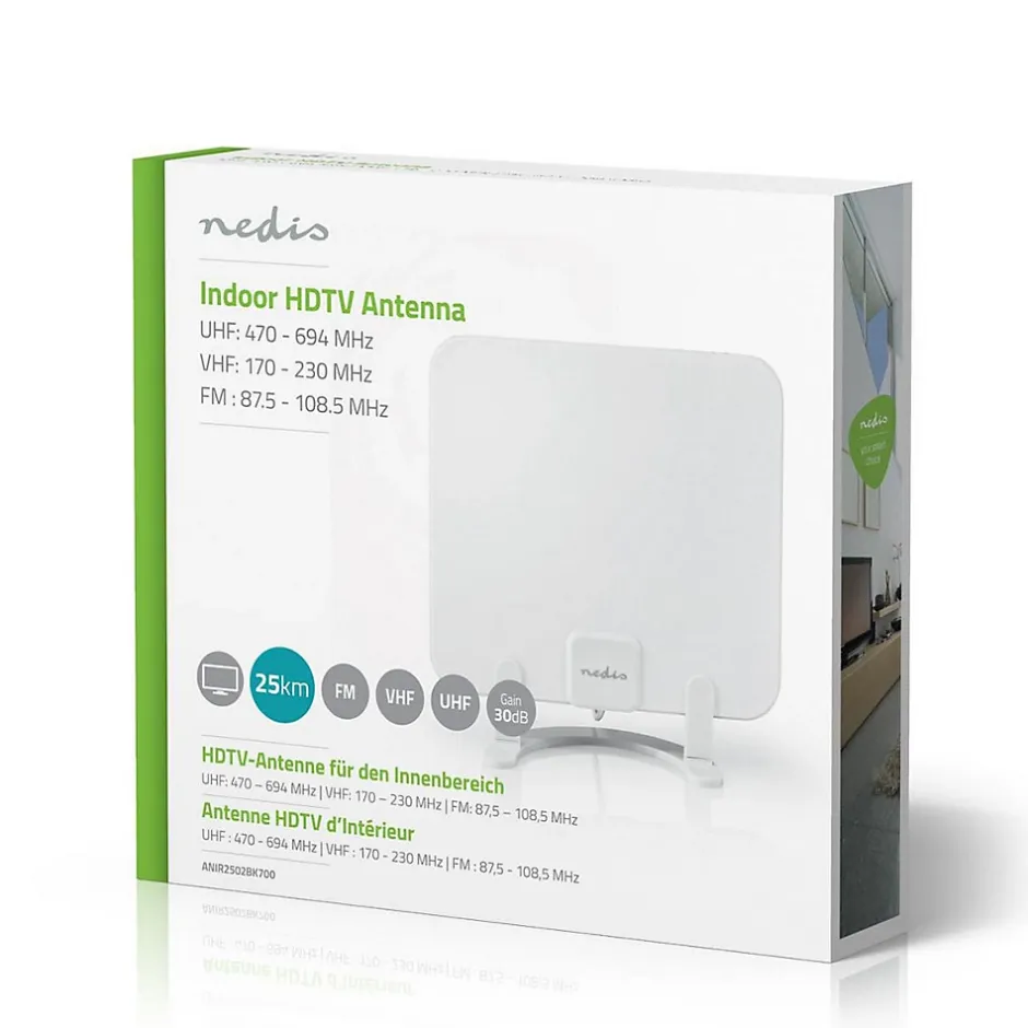 Antenne HDTV d'Intérieur 0 - 25 km Gain de 30 dB FMVHFUHF Blanche^Nedis Discount