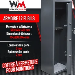 Armoire à fusils 500X340X1450mm avec coffre intérieur - 12 fusils - Workmen Security-Work Men Sale
