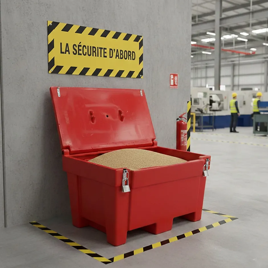 Bac à sable incendie/ à sel de déneigement 300l + grenouillères + cadenas-Plast'Up Rotomoulage New