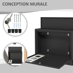 Boite aux lettres murale verrouillable 2 clés matériel de montage inclus dim. 36,5 x 11,5 x 29 cm métal anthracite-Homcom New