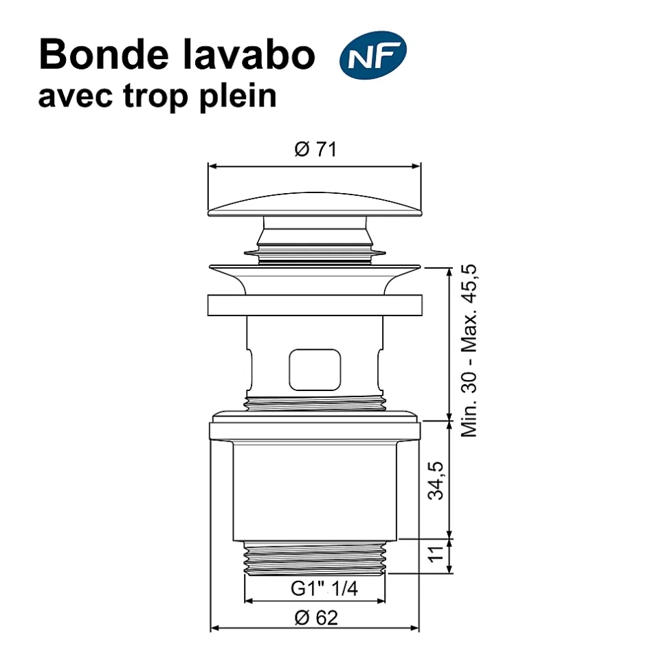 Bonde de lavabo ø 71 mm avec clapet clic clac ou fixe noir-Rousseau