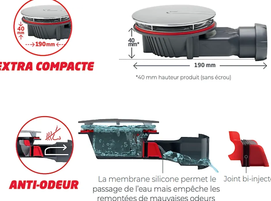 Bonde siphon diam. 90 mm extraplate Slim+ à évacuation horizontale pour receveur de douche sortie en 40 mm^Wirquin Online