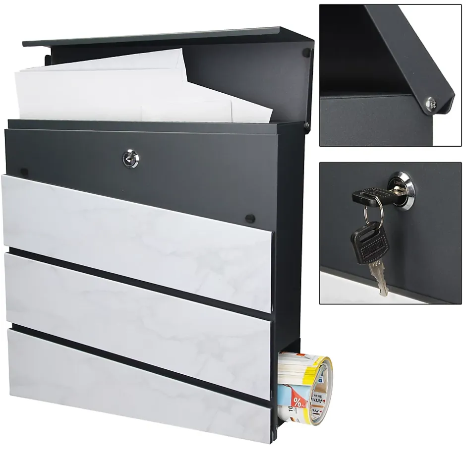 Boîte aux lettres anthracite/aspect marbre sur pied argenté en acier + clés^Ml-Design New